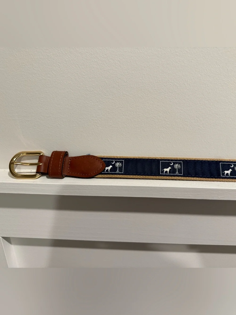 Brown Leather-Trim Navy Embroidered Men’s Belt with Gold Buckle